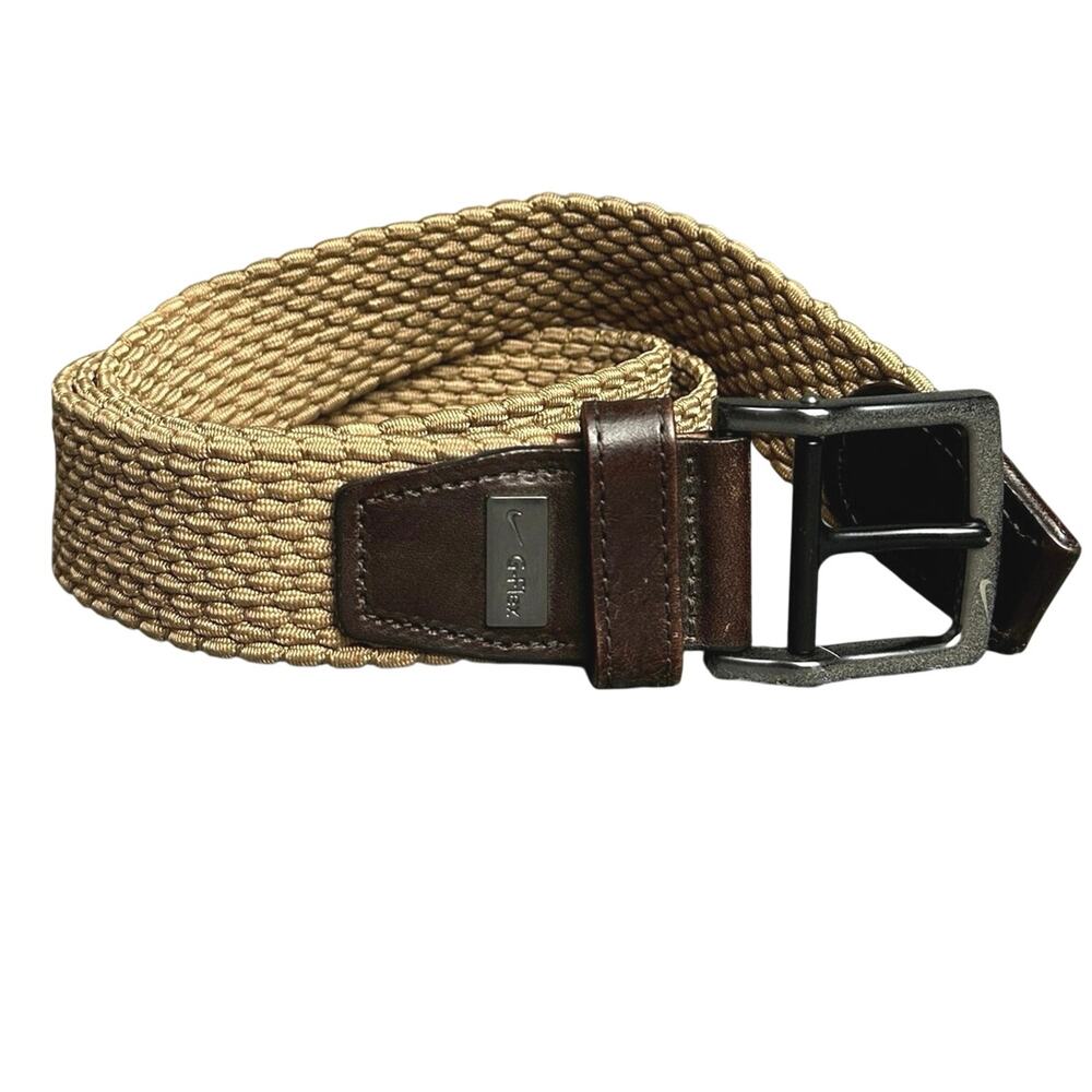 Nike Golf G Flex woven men’s belt size 38 tan leather trim stretch no hole strap